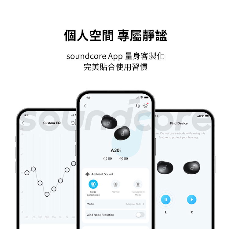 個人空間 專屬靜謐soundcore App完美貼合使用習慣Custom EQ၁။  94A30i1 Ambient SoundModeModeWind Noise Reduction 150 300  700 Find Device: Do not use earbuds while using thisfeature to protect your hearing ANC R
