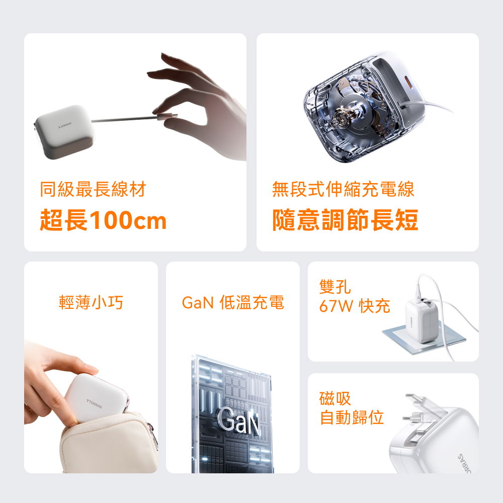 67W 伸縮線PD快充充電器