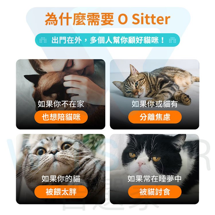 為什麼需要O Sitter出門在外,多個人幫你顧好貓咪!如果你不在家如果你或貓有也想陪貓咪分離焦慮如果你的貓如果常在睡夢中被餵太胖被貓討食