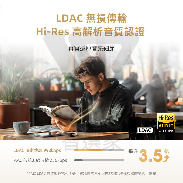 LDAC 無損傳輸Hi-Res 高解析音質認證真實還原音樂細節Hi-Res AUDIOLDACWIRELESSLDAC清晰傳輸 990kbpsAAC 傳統無線傳輸 256kbps提升3.5 *開啟LDAC 會增加耗電和卡頓,建議在電量不足或無線訊號較複雜的場景下關閉