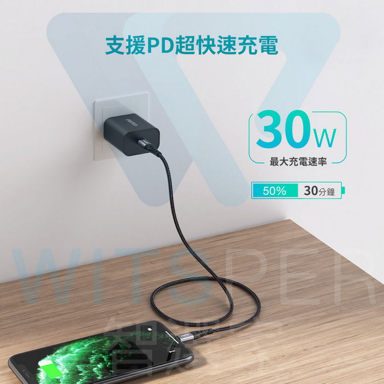 支援PD超快速充電30w最大充電速率50%30分鐘