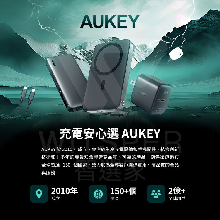 0AUKEYAUKEY充電安心選 AUKEYAUKEY 於 2010 年成立,專注於生產充電設備和手機配件。結合創新技術和十多年的專業知識製造高品質、可靠的產品,銷售渠道遍布全球超過 150 個國家,致力於為全球客戶提供實用、高品質的產品與服務。2010年成立150+個2億+地區全球用戶