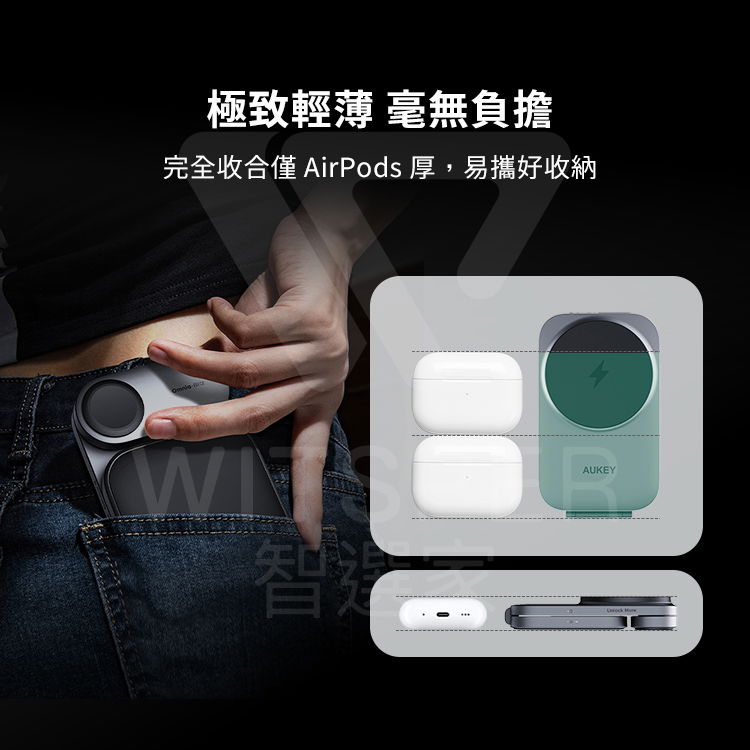 極致輕薄 毫無負擔完全收合 AirPods 厚,易攜好收納AUKEY