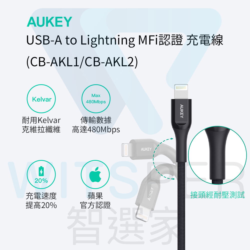 AUKEYUSB-A to Lightning MFi認證 充電線(CB-AKL1/CB-AKL2)KelvarMax480Mbps耐用Kelvar克維拉纖維傳輸數據高達480Mbps20%充電速度提高20%SAUKEY蘋果官方認證智選AUKEYAUKEY接頭經耐壓測試