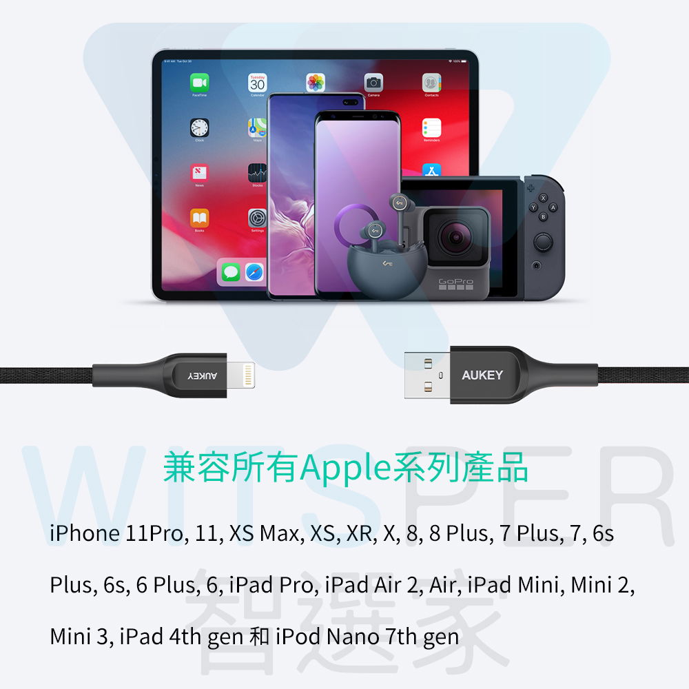 30AUKEY兼容所有Apple系列產品iPhone 11Pro 11, XS Max, XS, XR, X, 8, 8 Plus, 7 Plus, 7, 6sPlus, 6s, 6 Plus, 6, iPad Pro, iPad Air 2, Air, iPad Mini, Mini 2,Mini 3, iPad 4th gen  Nano 7th gen