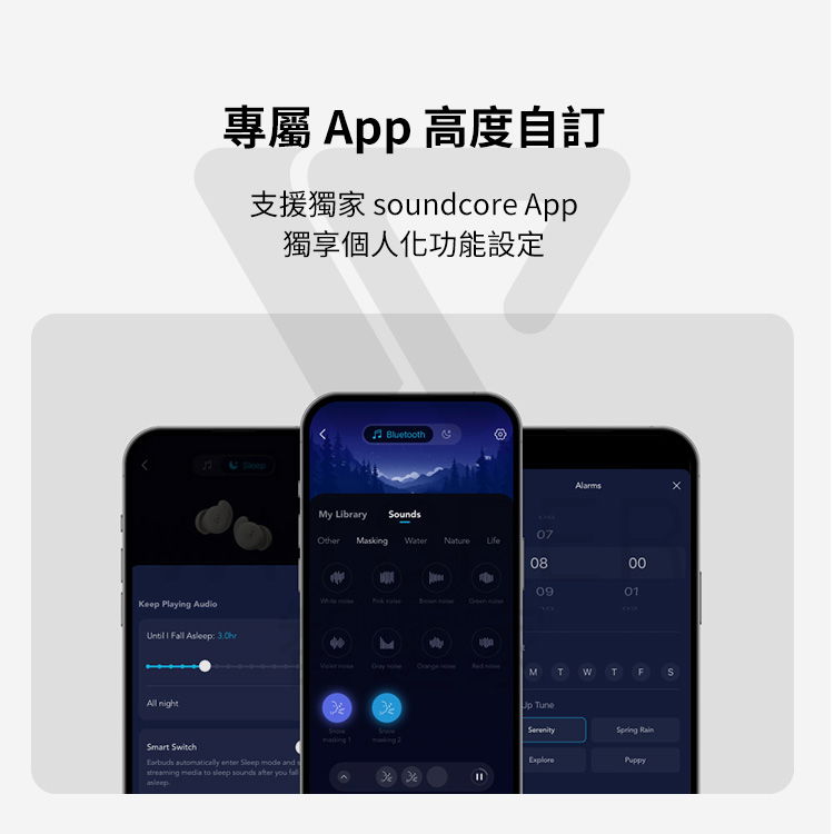 專屬 App 高度自訂支援獨家 soundcore App獨享個人化功能設定 Keep Playing   Fall  y Libraryounds07OtherMasking  08098500MAll nightSmart Switch  enter Sleep mode and  to sleep sounds after you MTS  Puppy