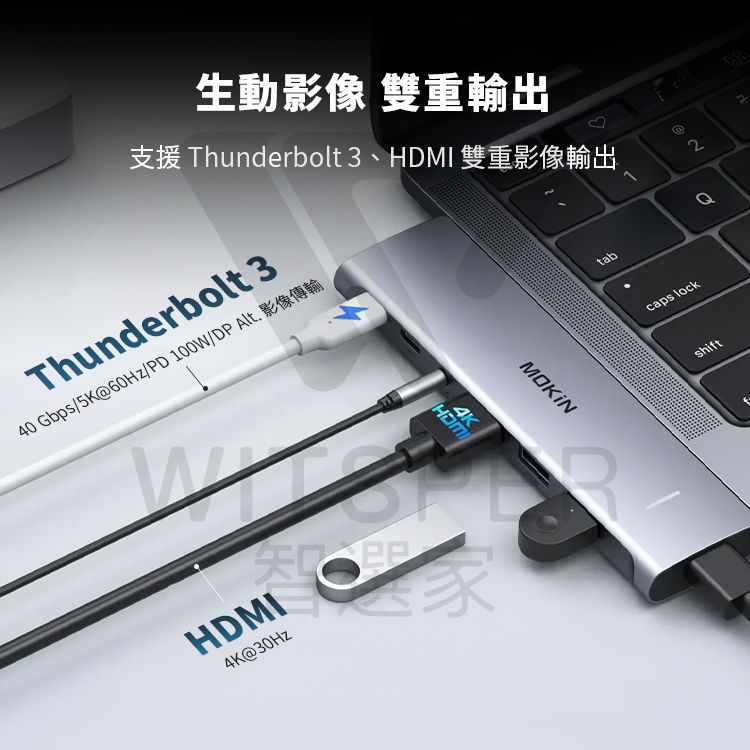 生動影像 雙重輸出支援 Thunderbolt 3、HMI 雙重影像輸出Thunderbolt 340 Gbps/5K60Hz/PD 100W/DP Alt tabHDMI4K@30Hz4Kcaps lockD @2shift