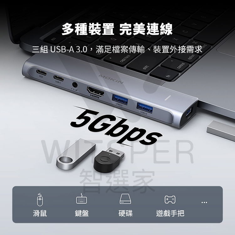 多種裝置 完美連線三組 USB-A 3.0,滿足檔案傳輸、裝置外接需求 MOKINHOMI5Gbps 滑鼠鍵盤硬碟遊戲手把