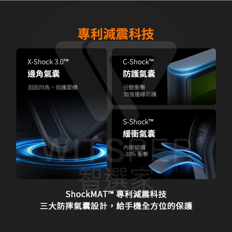 X-Shock 3.0邊角氣囊專利減震科技C-ShockT防護氣囊加固四角,保護愛機分散衝擊加強邊緣防護S-ShockM緩衝氣囊內嵌結構-30%衝擊智選家ShockMAT™ 專利減震科技三大防摔氣囊設計,給手機全方位的保護