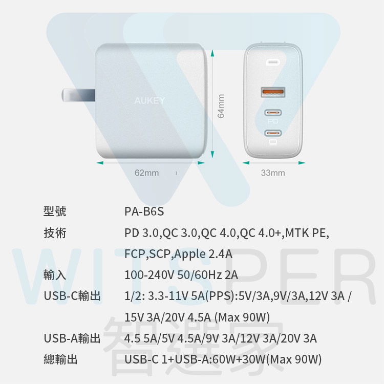 AUKEY 氮化鎵GaN系列Omnia Mix 3 90W (PA- - WitsPer智選家旗艦店